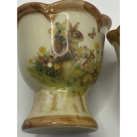 Vintage Ceramic Bunny Floral Egg Cups Set Of 2 With Scalloped Edges - Picture 4 of 10